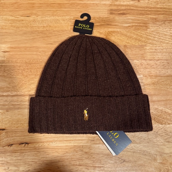 NEW Polo Ralph Lauren Brown w/ Embroidered Pony Knit Wool/Nylon Beanie Hat Cap - Picture 1 of 4